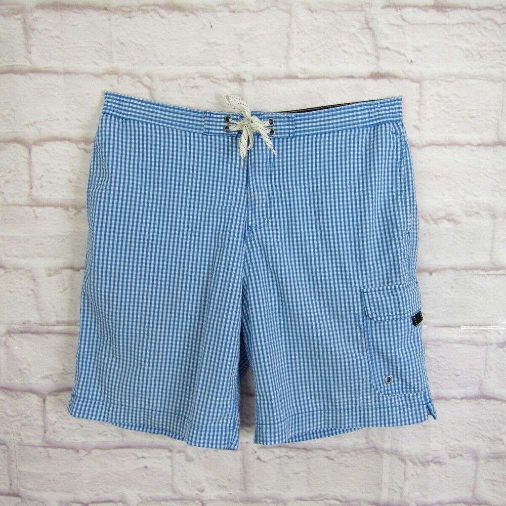 LANDS' END Blue Gingham Swim Trunks Board Shorts Swimsuit Size Large 36-38